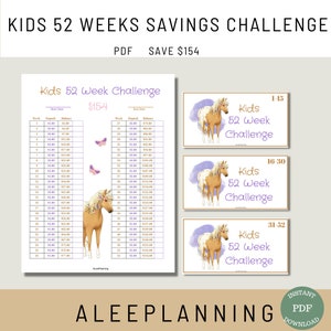 Kid 52 Weeks Challenge| Kid Money Challenge| Kids Savings Page| Kids Savings Goal|Horse Savings Tracker| Girl Savings Challenge| Cash