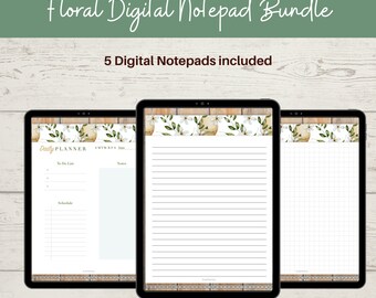 May include: A digital notepad bundle with five different designs. The notepads feature a floral design with white flowers and green leaves on a woodgrain background. The notepads include a daily planner, lined paper, and grid paper.