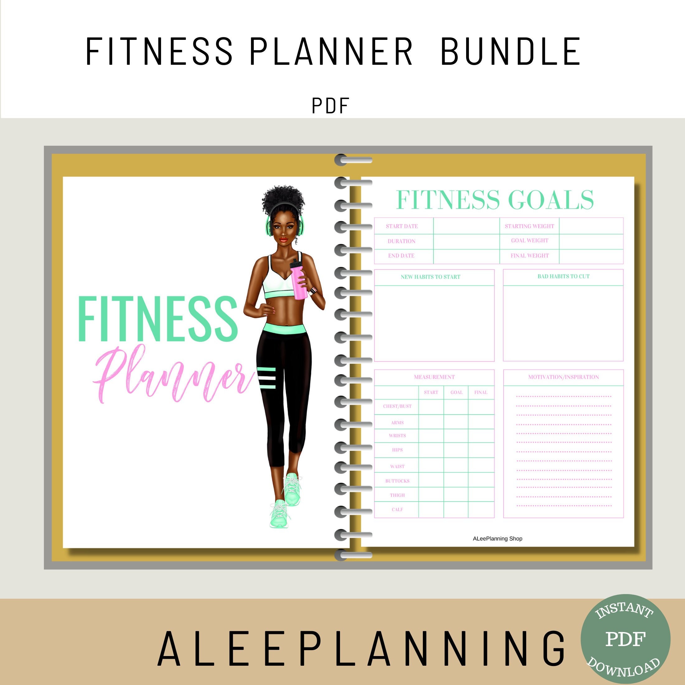 Pink Fitness Planner Bundle Printable Workout Planner Wellness Planner