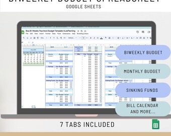 May include: A laptop screen displaying a Google Sheets spreadsheet titled "Blue Bi-Weekly Paycheck Budget Template AleePlanning". The spreadsheet has multiple tabs, including "Biweekly Budget", "Monthly Budget", "Sinking Funds", and "Bill Calendar". The image also includes the text "7 Tabs Included" and "ALeePlanning".