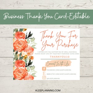 Floral Business Thank You Card | Orange Card | Editable | Small Business Thank You Insert | Thank You For Your Order