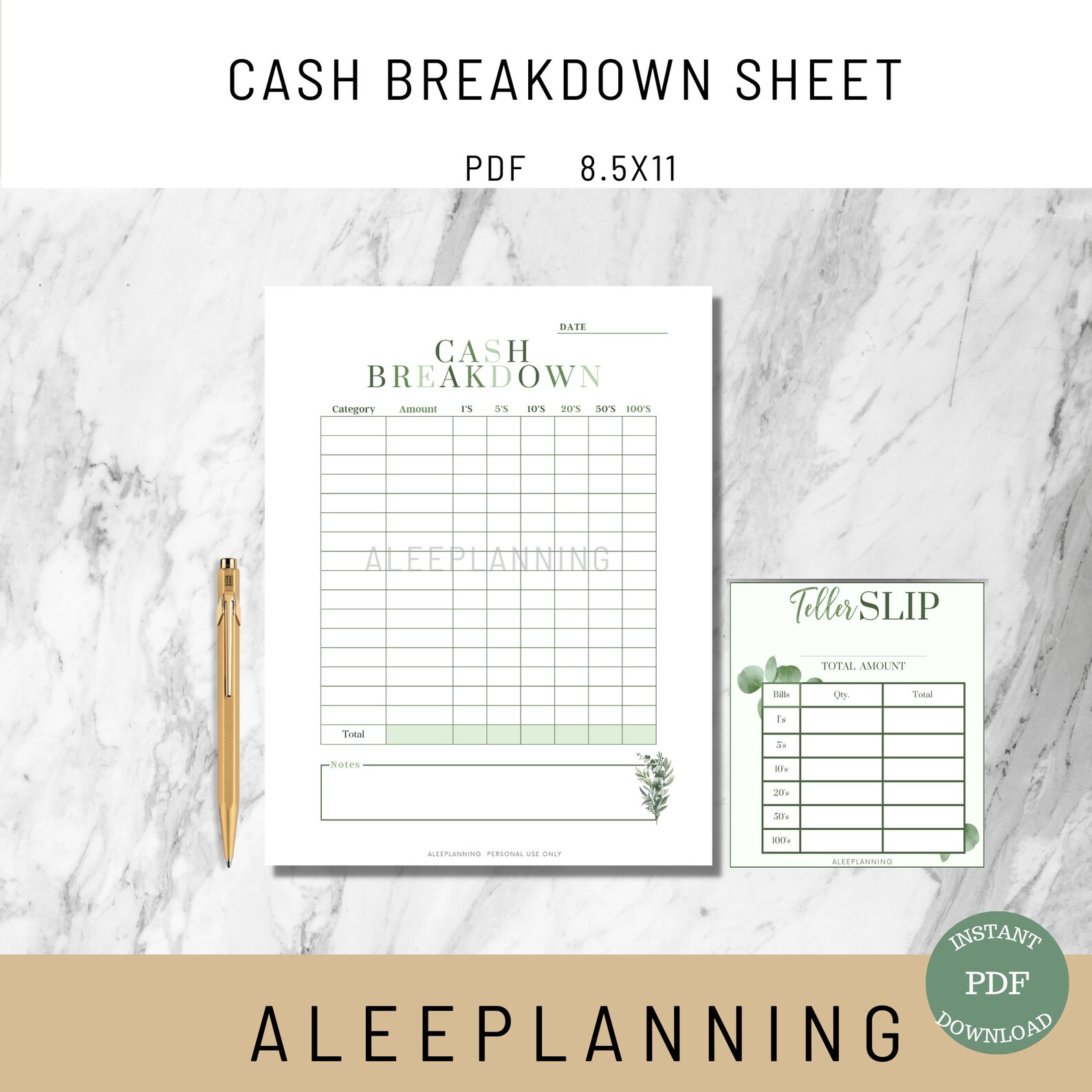 Cash Breakdown Sheet Cash Teller Slip Cash Worksheet Cash - Etsy