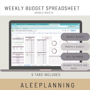 May include: A laptop screen displaying a Google Sheets spreadsheet with five tabs: Weekly Budget, Monthly Budget, Bill Calendar, Savings Tracker, and More. The spreadsheet is designed for budgeting and financial planning.
