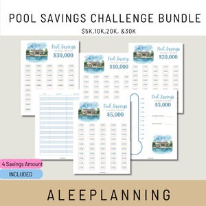 May include: A bundle of printable pool savings challenge trackers. The trackers are white with blue watercolor illustrations of a house by a pool. The text on the trackers includes amounts of $5,000, $10,000, $20,000, and $30,000.