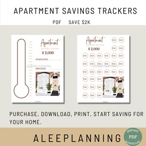 May include: Printable apartment savings tracker with a thermometer and a grid of circles to track progress towards a $2,000 savings goal. The design features a brown brick building with a door and plants.