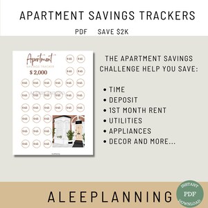 May include: A printable apartment savings tracker with a brown door and green plants. The tracker is designed to help you save $2,000 for an apartment. The text on the tracker says "Apartment Savings Tracker $2,000".