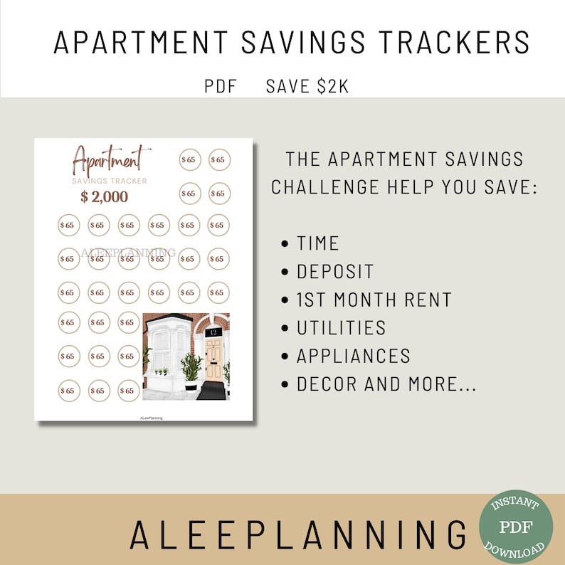 May include: A printable apartment savings tracker with a brown door and green plants. The tracker is designed to help you save $2,000 for an apartment. The text on the tracker says "Apartment Savings Tracker $2,000".