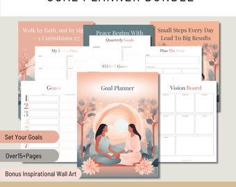 May include: A goal planner bundle with a pink and blue color scheme. The bundle includes a vision board, a goal planner, and a 5-year plan. The text "Walk by faith, not by sight - 2 Corinthians 5:7" is at the top of the page. The text "Peace Begins With Quarterly Goals" is at the top of the goal planner page. The text "Small Steps Every Day Lead To Big Results" is at the top of the vision board page. The text "Set Your Goals" and "Over 15+ Pages" is at the bottom of the page. The text "Bonus Inspirational Wall Art" is at the bottom of the page. The text "ALEEPLANNING" is at the bottom of the page.