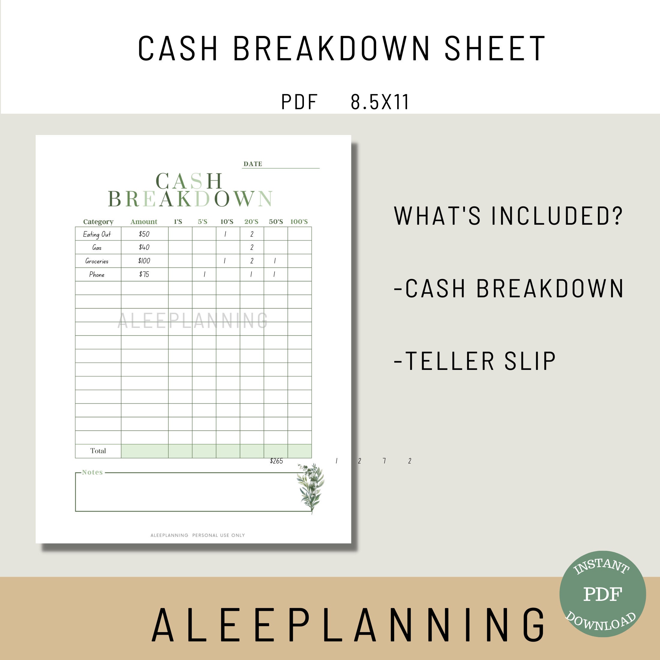 Cash Breakdown Sheet Cash Teller Slip Cash Worksheet Cash - Etsy