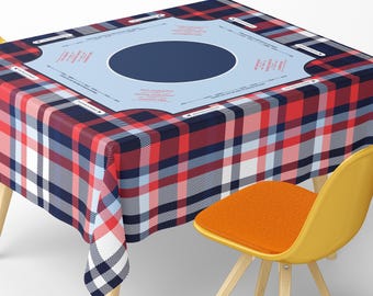 Mantel cuadrado para Mahjong con instrucciones, diseño a cuadros azul marino, rojo y blanco, estilo clásico.