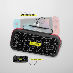 May include: Black and red Nintendo Switch carrying case with a white cat pattern and the name "BRANDON" printed in yellow. The case is labeled "Switch Console Storage Bag" and "Switch Console Carrying Case".