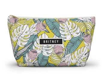 Personalized Accessory Pouch: Soft Pastel Botanical Monstera Leaf Pattern for Mahjong and Cosmetic Travel Bag