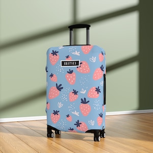 Aardbeien Kofferbeschermer Pastelroze Blauw Retro Aardbeien Gepersonaliseerde naam Aangepast cadeau voor kinderen jongens meisjes vrouwen mannen