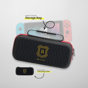 May include: Black and red Nintendo Switch console storage bag with a gold logo that says "BRITNEY". The bag has a zipper and a handle. A smaller black and red carrying case is also shown.