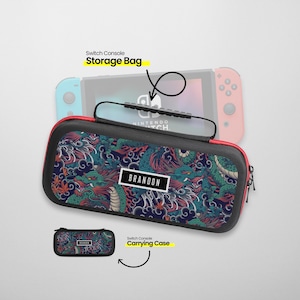 May include: A black and red carrying case for a Nintendo Switch console. The case has a dragon and cloud design with the name "BRANDON" printed on it. The case is labeled "Switch Console Storage Bag" and "Switch Console Carrying Case".
