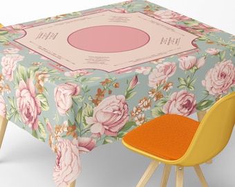 Square Mahjong Tablecloth With Instructions: Vintage Floral Design With Pastel Roses And Soft Botanical Pattern Style