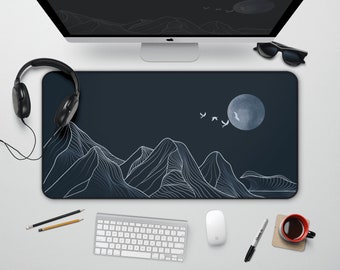 Berg Mond Schreibtischmatte: Minimalistische Celestial Line Art, erweitertes Mauspad