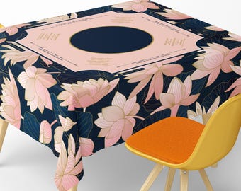 Square Mahjong Tablecloth With Instructions: Pink Lotus Floral Design With Elegant Gold Line Art Deep Navy Pattern Style