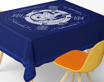 Square Mahjong Tablecloth With Instructions: Elegant Navy White Dragon Emblem Modern Minimalist Chinese Knot Game Mat