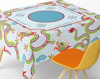 Tovaglia quadrata da Mahjong con istruzioni: tradizionale tappeto da gioco asiatico cinese con motivo a drago azzurro verde rosso fortunato