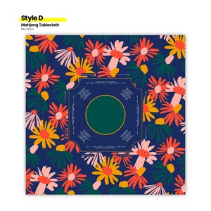 May include: A navy blue Mahjong tablecloth with a vibrant floral pattern in shades of orange, yellow, pink, and green. The tablecloth features a central design with a green circle and text, measuring 140 x 140 cm.