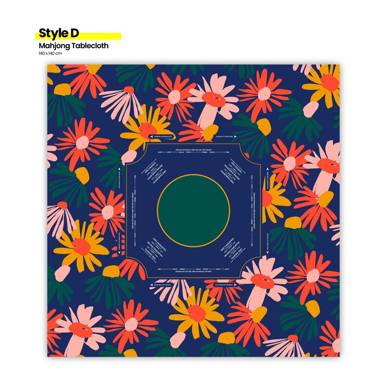 May include: A navy blue Mahjong tablecloth with a vibrant floral pattern in shades of orange, yellow, pink, and green. The tablecloth features a central design with a green circle and text, measuring 140 x 140 cm.
