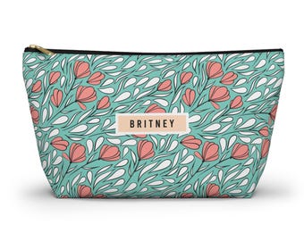 Gepersonaliseerd accessoirezakje: blauwgroen en koraalroze art nouveau gestileerd bloemmotief voor mahjong en cosmetische reistas