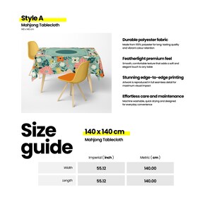 May include: A floral patterned Mahjong tablecloth, 55.12 inches by 55.12 inches, is displayed on a table with two yellow chairs. The tablecloth features a teal background with colorful flowers and a central circular design. The image also includes size information.