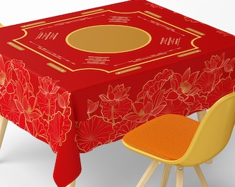 Square Mahjong Tablecloth With Instructions: Luxury Red Gold Lotus Flower Asian Art Game Mat