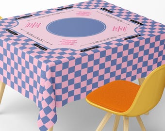 Square Mahjong Tablecloth With Instructions: Pink And Purple Checkered Design With Soft Two Tone Grid Pattern Style