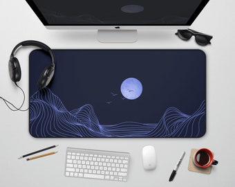 Aesthetic Desk Mat Blue Mountain Line Art Moonlight Modern Landscape Illustration Gaming XL XXL Extra Large Mousepad Birthday Gift For Gamer