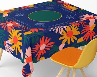 Square Mahjong Tablecloth With Instructions: Retro Floral Pattern Mid Century Daisy Navy Bold Multicolored Game Mat