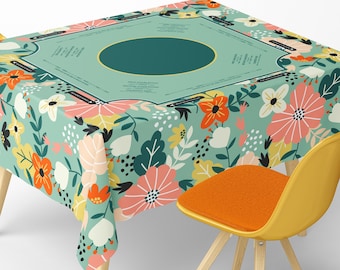 Square Mahjong Tablecloth With Instructions: Mid Century Floral Boho Botanical Teal Coral Salmon Flower Game Mat