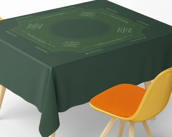 Mantel cuadrado para Mahjong con instrucciones: Diseño minimalista en verde cazador y verde salvia.