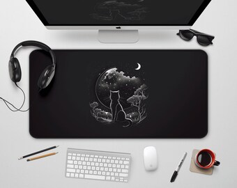 Katze und Mond Schreibtischmatte: Celestial Line Art, erweitertes Mauspad