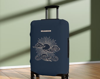Personalisierte Gepäckabdeckung in Marineblau: Benutzerdefinierter Name Kofferschutz, minimalistische Sonne und japanische Welle Reisehülle