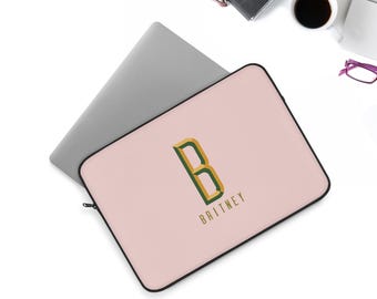 Personalized Laptop Sleeve Custom Name Gold Brown Letter Monogram MacBook Pro Air Laptop Cover Bag 12 inch 13 inch 15 inch Case Custom Gift