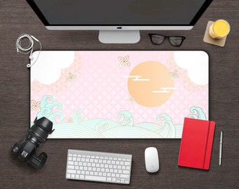 Japanische Zen-Schreibtischmatte: Pink und Türkis Ästhetisches Mauspad, Traditionelle Asiatische Bürodeko