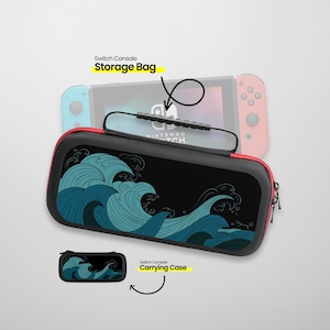 May include: A black carrying case with a blue wave design for a Nintendo Switch console. The case has a zipper closure and a handle. The text "Switch Console Storage Bag" is written in yellow above the case. The text "Switch Console Carrying Case" is written in yellow below a smaller version of the case.