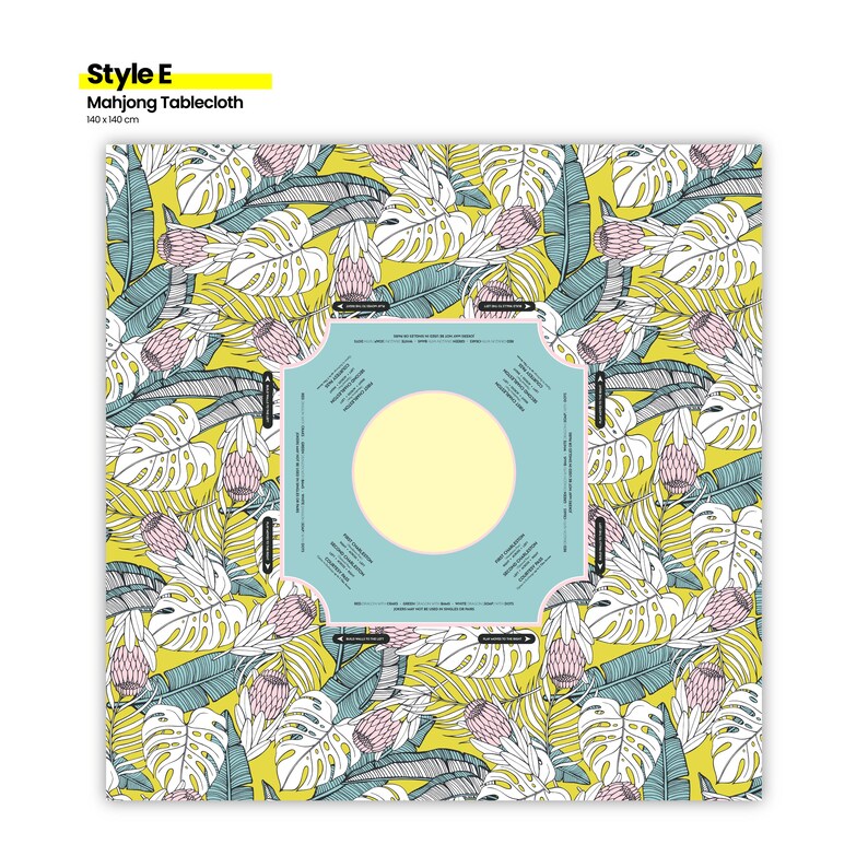 May include: A square Mahjong tablecloth with a tropical leaf and flower pattern on a yellow background. The center features a light blue square with a yellow circle. The tablecloth measures 140 x 140 cm.