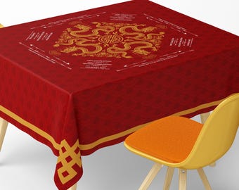 Square Mahjong Tablecloth With Instructions: Luxury Red Gold Imperial Dragon Chinese New Year Formal Border Game Mat