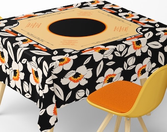Square Mahjong Tablecloth With Instructions: Bold Floral Design With Cream And Orange Petals On A Black Retro Pattern Style