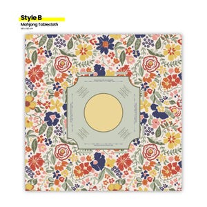 May include: A square Mahjong tablecloth, style B, with a floral pattern in red, yellow, blue, and green. The center features a light green square with a yellow circle. The tablecloth measures 140 x 140 cm.