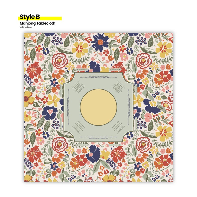 May include: A square Mahjong tablecloth, style B, with a floral pattern in red, yellow, blue, and green. The center features a light green square with a yellow circle. The tablecloth measures 140 x 140 cm.