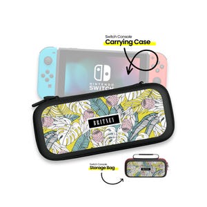 May include: A black carrying case with a yellow, green, and white tropical print and the name "BRITNEY" printed on it. The case is designed to hold a Nintendo Switch console. A smaller black storage bag with the same print is also shown.
