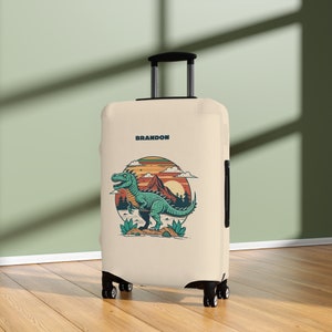 Dino Bagagehoes Kofferbeschermer Jurassic Cartoon Dinosaurus Retro Sunburst Gepersonaliseerde naam Aangepast cadeau voor kinderen jongens meisjes vrouwen mannen