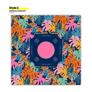 May include: A Mahjong tablecloth with a vibrant tropical leaf pattern in orange, pink, blue, and yellow. The center features a dark blue square with a pink circle. The tablecloth measures 55 x 55 inches.