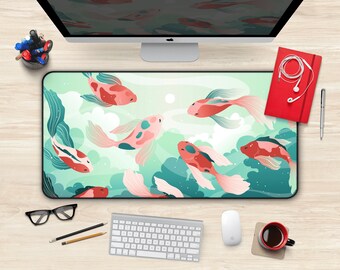 Koi Fisch Schreibtischmatte: Teal & Pink, Großes Gaming Mauspad