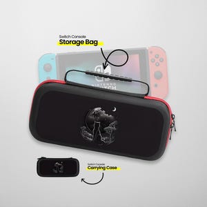 May include: Black Switch Console carrying case with a cat and moon design. The case has a zipper and a handle. The case is labeled "Switch Console Carrying Case". A smaller black Switch Console carrying case is also shown. The smaller case is labeled "Switch Console Storage Bag".