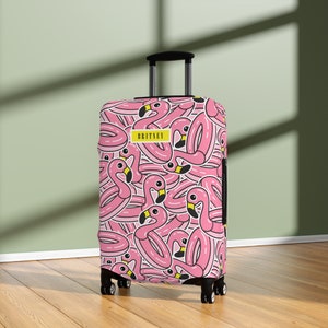 Flamingo Bagagehoes Kofferbeschermer Leuke Roze Flamingo Zwemmen Ring Gepersonaliseerde Naam Aanpassen Cadeau Voor Kinderen Jongens Meisjes Vrouwen Mannen